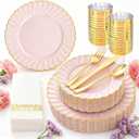 YOUBET 175PCS Pink Scalloped Plastic Plates - Gold Disposable Dinnerware Set Include 50 Plates, 75 Gold Silverware, 25 Cups, 25 Napkins for Party & Wedding & Baby Shower Mothers Day