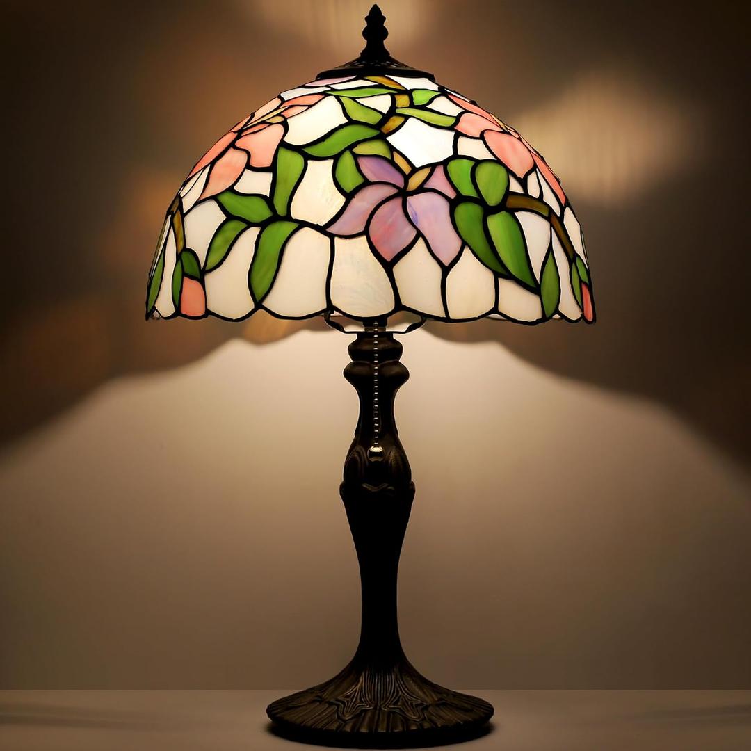 Tiffany Table Lamp 19" Stained Glass Reading Lamp Pink Floral Style
