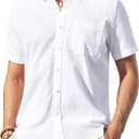 Alimens & Gentle Mens Linen Shirt Short Sleeve Casual Cotton Button Down Shirts Collared Summer Beach Shirts (3X-Large, White)