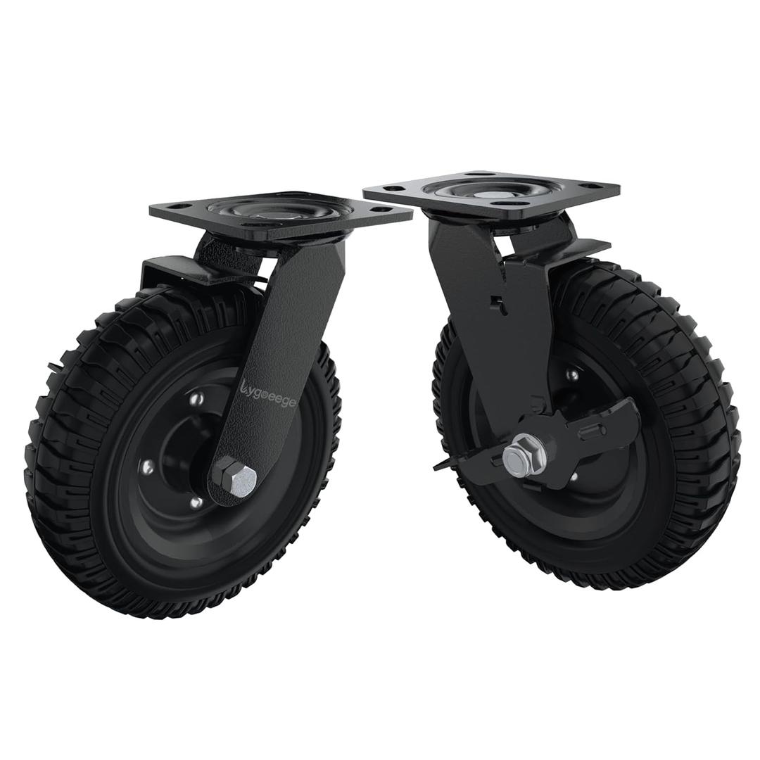 Swivel Heavy Duty Caster Wheel, 8 Inch*2, 1000lb Capacity, Black Rim, Solid Rubber, Cast Iron,Brake Casters,Outdoor, Flat Free for Carts, Dolly, Workbench,Trolley,DIY Tools
