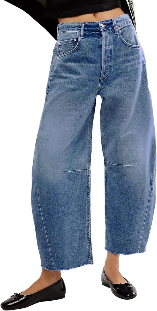 Barrel High Waisted Casual Baggy Trendy Straight Wide Leg Boyfriend Jeans (8, Dark Blue)