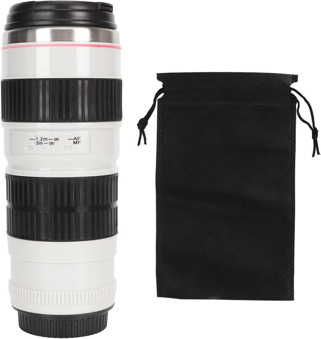 Fdit Camera Lens Coffee Mug Stainless Steel Travel Cup Insulated Vacuum Bottle Multipurpose Pen Holder for Men Women (White)