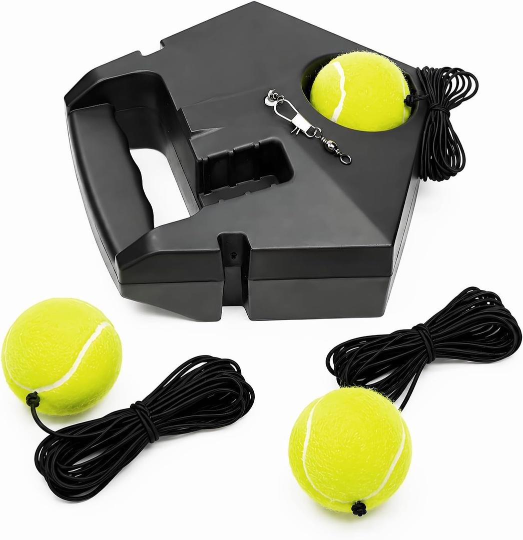 Tennis Rebound Trainer Set, Portable Solo Practice Tool with Heavy Duty Power Base, 3 String Balls, Indoor/Outdoor Tennis Training Equipment for Beginners & Advanced Players