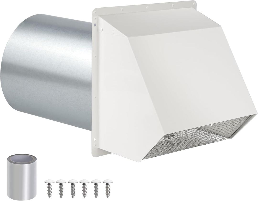 4 Inch Dryer Vent Cover Outside Hooded Wall Vent with Screen and Damper, Exhaust Vent Wall Mount Exterior Wall Vents Cover Cap for Dryer Ventilation &Outdoor Air Exhaust, Galvanized Steel, White