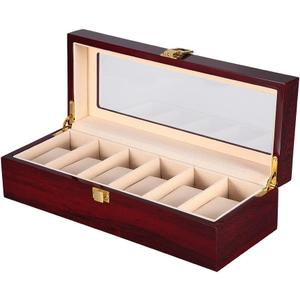 Uten Watch Box, 6 Slot Watch Case, Watch Holder with Glass Lid, Wooden Watch Case with Removable Watch Pillow, Metal Clasp Watch Display., Brown,Peach,Clear (Cherry Red)