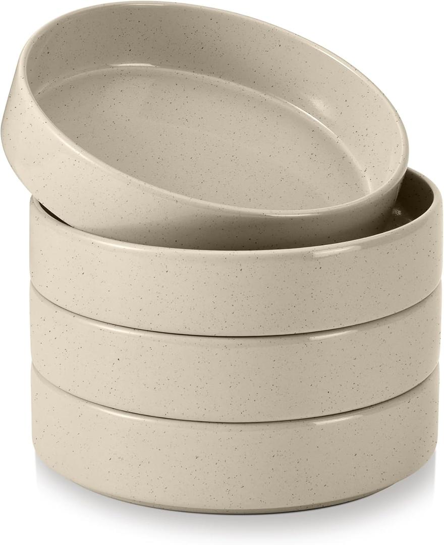 E-far Pasta Bowls Set of 4, 35oz Ceramic Large Salad Bowl Plates for Serving Soup Dinner, Shallow Stoneware Pasta Plate, Microwave & Dishwasher Safe, Speckled Khaki