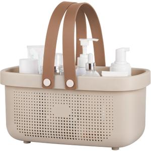 JiatuA Plastic Storage Basket with Handle Portable Shower Caddy Tote Organizer Basket Bin for Bathroom Kitchen Dorm Room Bedroom, Beige
