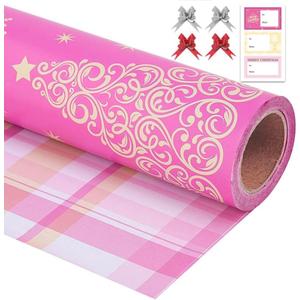 EWES Pink Christmas Wrapping Paper Rolls Cute Kids Reversible Tree Thick Aesthetic Elegant Gift Wrap Sheets Heavy Duty Girls Girly Princess Total 28.5sq.ft