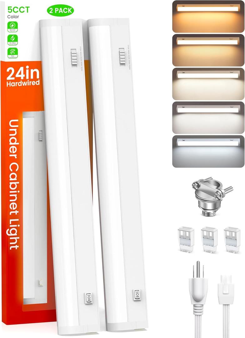 ALUSSO LIGHTING 24 Inch LED Under Cabinet Lighting Hardwired Plug in UL Listed, 5CCT Color Selectable 2700K/3000K/3500K/4000K/5000K Dimmable, Linkable 1350LM Under Counter Lights for Kitchen, 2 Pack