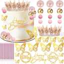 Corona Para Pastel, Crown Cake Topper, 3 Happy Birthday Cake Toppers, Balls Candles Butterflies Cake Decorations, Birthday Crown for Women Queen Princess Party Wedding (Rose Gold, Peach)