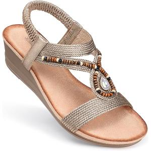 SHIBEVER Womens Wedge Sandals Flower Low Heel Dressy Sandals Elastic Ankle Strap Rhinestone Summer Comfortable Shoe, 39 Champagne SHIBEVER Womens Wedge Sandals Flower Low Heel Dressy Sandals Elastic Ankle Strap Rhinestone Summer Comfortable Shoe, 39 Champagne