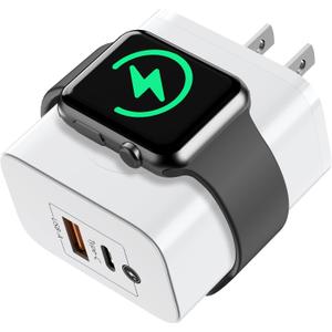 for Apple Watch Charger, Magnetic Wireless Charging Block with PD 23W USB-C Fast Charger, 3-in-1 Dual Port for iWatch Series Ultra/SE/9/8/7/6, iPhone 16/15/Pro Max,iPad Pro/Air, White