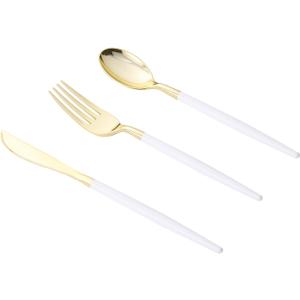 Goodluck 150 PCS White Gold Plastic Silverware Set for 50 Guests,50 Knives, 50 Forks and 50 Spoons, Food-grade material free of BPA, Gold Plastic Cutlery Ideal for Weddings, Birthdays, Graduation