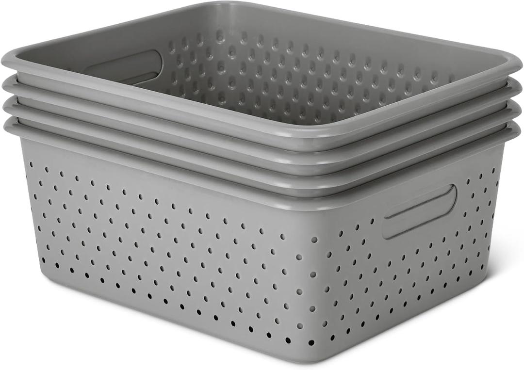 Amazon Basics Decorative BPA-Free Plastic Storage Baskets, 13.66 x 11.34 x 5.39 in, Grey, 4-Pack