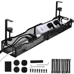 Under Desk Cable Management Box 25.3 Inch Clamp-Mounted Cable Organizer Tray, Large Cord Management Box for Office & Home, Wire Organizer Under Desk Storage, Black
