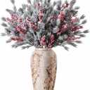 8 Pcs 25.6" Artificial Christmas Snow Flocked Pine Branches with Pine Cones Red Berries Faux Greenery Stems Winter Xmas Tree Needle Pick for Vase Filler DIY Craft Garland Wreath Home Decor