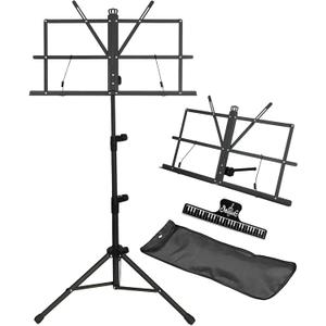 IRONTREE Music Stand - 2 in 1 Dual-Use Desktop Book Stand Folding Music Holder Portable and Lightweight with Music Sheet Clip Holder & Carrying Bag Suitable for Instrumental Performance (Black)