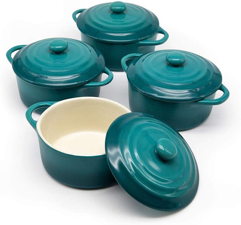 Kook Ceramic Mini Cocotte Set, Small Casserole Dishes with Lids and Handles, Individual Baking Ramekins, Oven, Microwave & Dishwasher Safe, Stoneware, 12 oz, Set of 4, Aqua Ombre (Aqua Ombre)