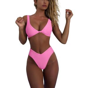 geluboao Bikini Set for Women Solid V Neck Knot Front Push Up High Leg Thong Two Piece Swimsuit (Pink, S)