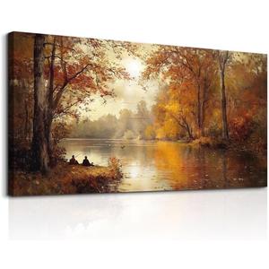 FUHAIHUA Canvas Wall Art For Living Room Large Wall Decor For Bedroom Aesthetics Office Wall Decoration Saffron Yellow Tree Landscape Painting Forest Picture Artwork Ready To Hang Home Decor 24"X48"