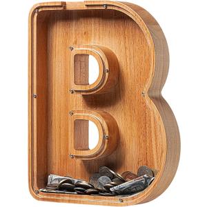 Piggy Bank for Kids Boys Girls, Large Personalized Wooden Letter Piggy Bank with Cut-Out Design, Alphabet Letter Coin Banks, Money Savings Box, Wooden Bank for Kids Creative Gifts for Real-Money(B)