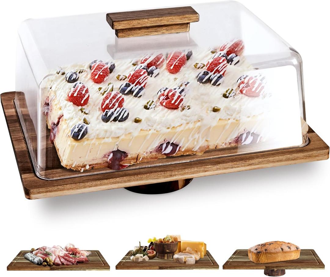 NWK 3-in-1 Acacia Wood Cake Stand with Dome Rectangular 15.5 x 12 inch Rustic Dessert Plate with Base, Food Serving Platter with Bowl, Charcuterie Cheese Board, Acrylic Cover Shatterproof (Wood)
