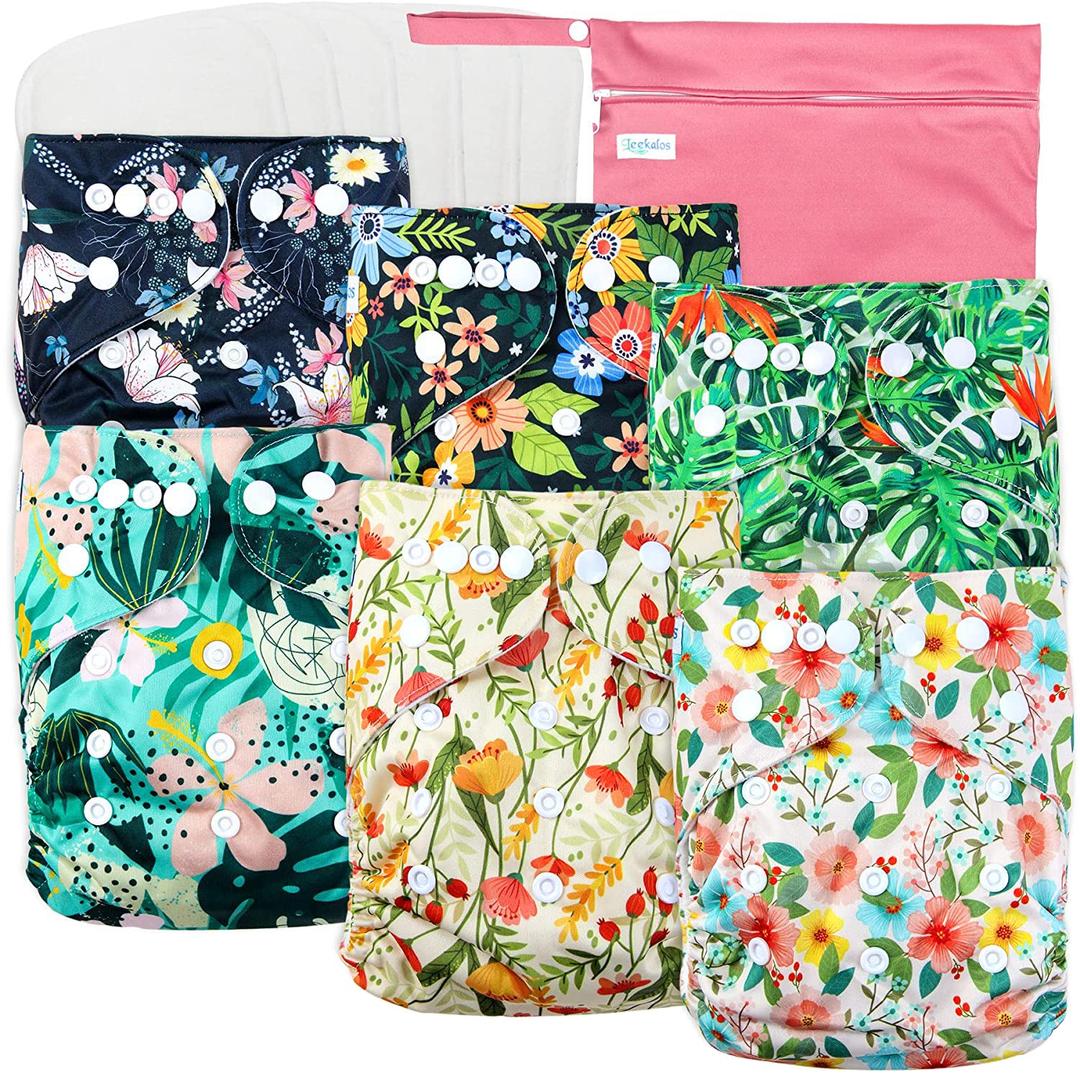 Leekalos Cloth Diapers Reusable for Boys and Girls, Baby Diaper Cloth with Inserts & Wet Bag One Size (Lily)