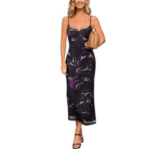 VFSHOW Womens Spaghetti Strap Wedding Guest Cocktail Party Midi Slip Dress (L)
