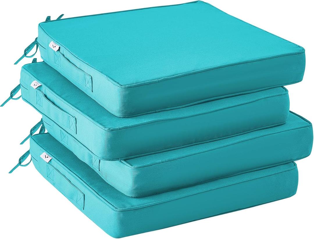 Outdoor Chair Cushions Set of 4,Waterproof Outdoor Seat Cushions for Patio Furniture,Patio Chair Cushion with Handle and Ties, Square Out Door Chair Pads,19" x 19" x 3", Teal
