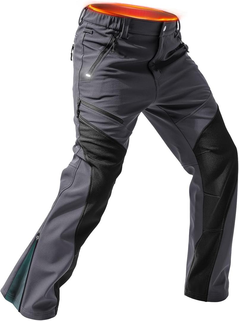 Moosehill Men's Snow Ski Pants Water Resistance Fleece Lined Softshell for Winter Outdoor with Zippered Bottom Legs (32W x 30L, Grey)
