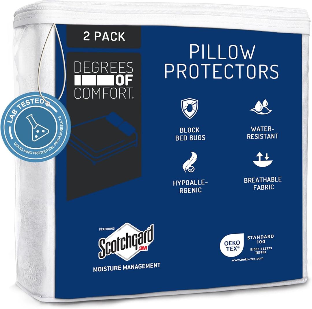 Degrees of Comfort Pillow Protectors (Set of 2) - Hypoallergenic, Water Resistant, Zippered Dust Allergy & Bed Bug Proof Pillow Cover, Cotton Terry with 3M Scotchgard, Standard Size, 21x27