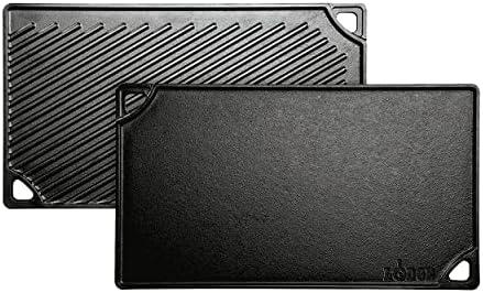 Lodge Reversible Cast Iron Grill/Griddle – 9.5 x 16.75 Inch Pre-Seasoned Cooking Surface – Flat & Ribbed Sides – Use on Stove, Grill, or Campfire – Made in the USA – Heavy-Duty, Black