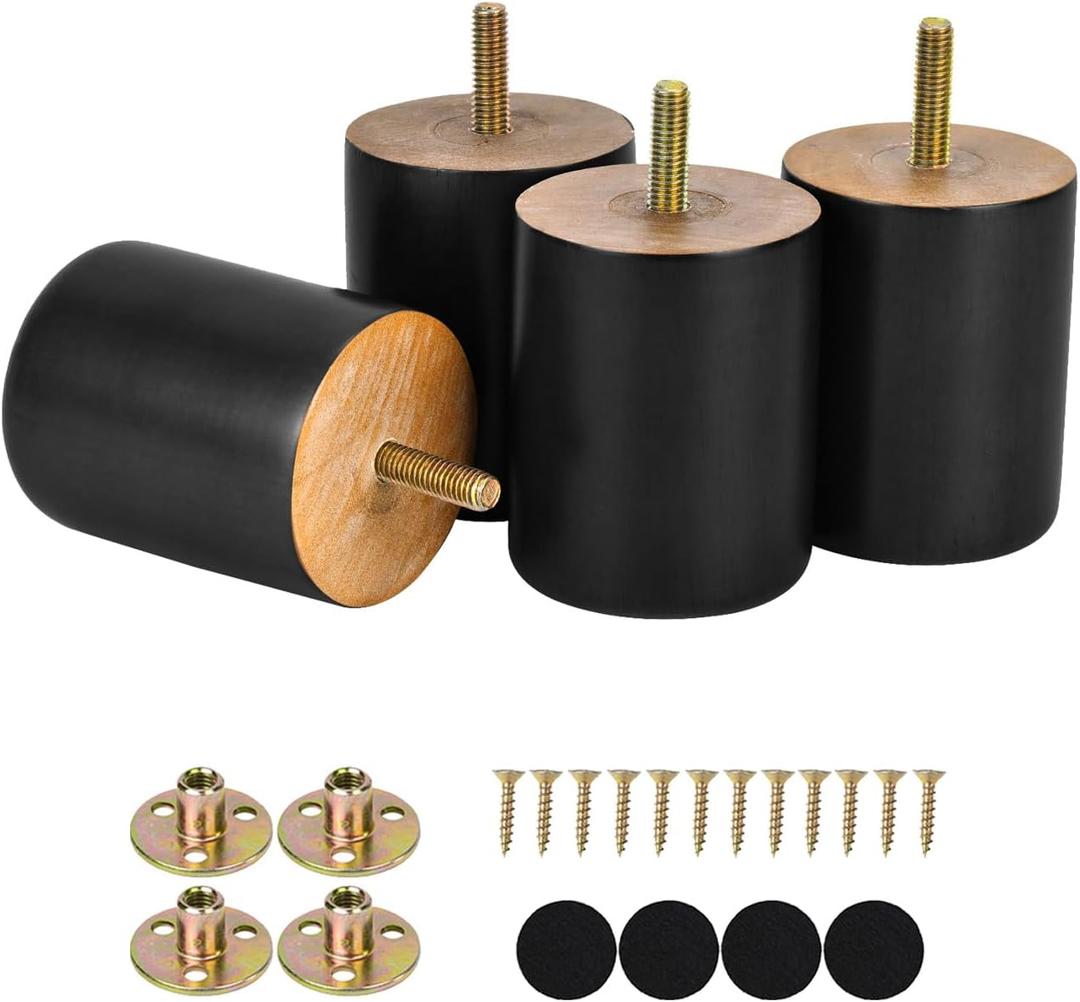 Maricome 3 Inches Wood Legs Set of 4, Black Round Wooden Replacement Feet Predrilled M8 Bolt for Sofa Couch Dresser Ottoman Cabinets Chair Screw in