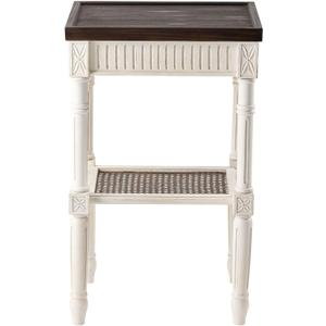 Rustic Farmhouse Cottagecore Accent End Table, Distressed Accent Side Table with Espresso Tray Top and Woven Wicker Shelf, Boho, French Country Decor, Square, Weathered Brown & White