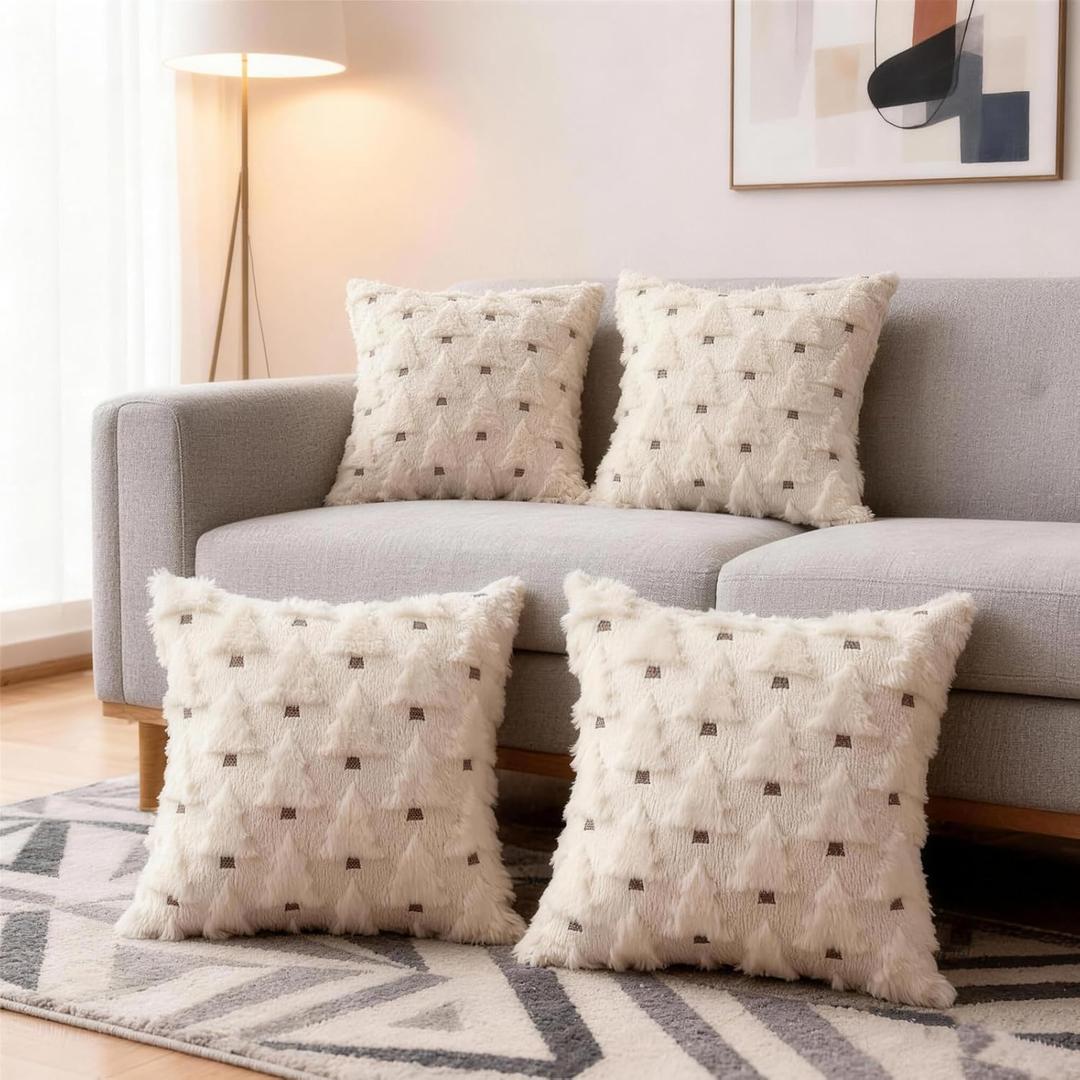 Set of 4 Christmas Tree Green Throw Pillow Covers, Soft Faux Fur Green Decorative Xmas Throw Pillows for Couch Sofa Holiday Winter Decor 18x18 Inch