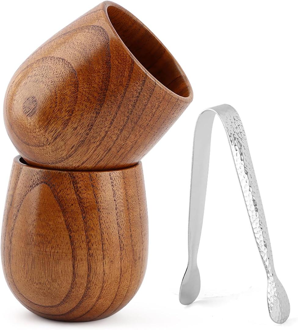 Wooden Bourbon Glasses Set, 2pack Old Fashioned Whiskey Charred Tumbler with Ice Tweezer, Drinking Glass Set Birthday Whiskey Gifts for Men, Dad or Brother Bourbon Lovers, 9oz