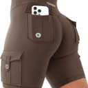 YEOREO CoreFlex Women Workout Biker Shorts with Cargo Pockets Hidden Scrunch High Waisted 8" Inseam Gym Shorts (Medium, Coffee)