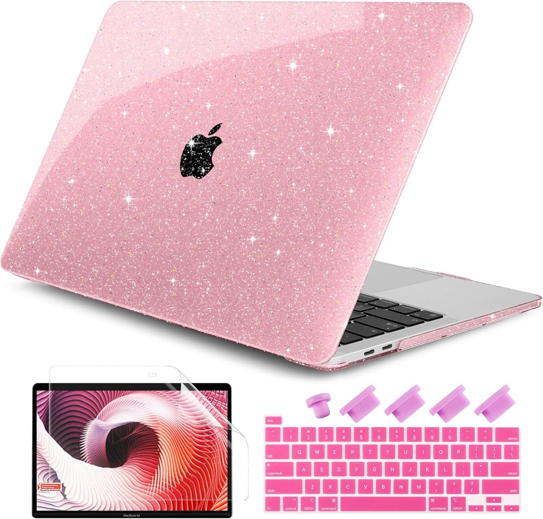 DONGKE for MacBook Pro 13 inch Case 2023 2022 2021 2020 Release Model A2338 M2/M1 A2289 A2251 with Touch Bar & Touch ID, Glitter Bling Plastic Hard Shell Case & Keyboard Cover, Star Pink