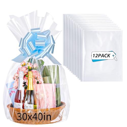 woric 12PCS Large Cellophane Bags 30x40 Inch Clear Cello Gift Bags Easter Cellophane Wrap for Easter Gift Baskets Decorations Candy Baby Bridal Shower Wedding Party favor Birthday
