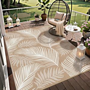 Pauwer Waterproof Outdoor Rug 6x9, Reversible Plastic Straw Patio Camping Rug, Indoor Outdoor RV Mat Carpet for Deck, Camper, Porch, Balcony, Backyard, Picnic, Leaf Brown