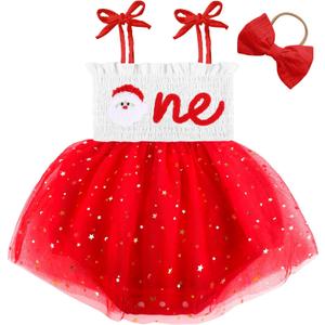 HONGTEYA Baby Girl 1st Birthday Outfit Girl First Birthday Clothes One Year Old Gifts Romper Tulle Summer Newborn Dress (9-12 Months, Red Christmas)