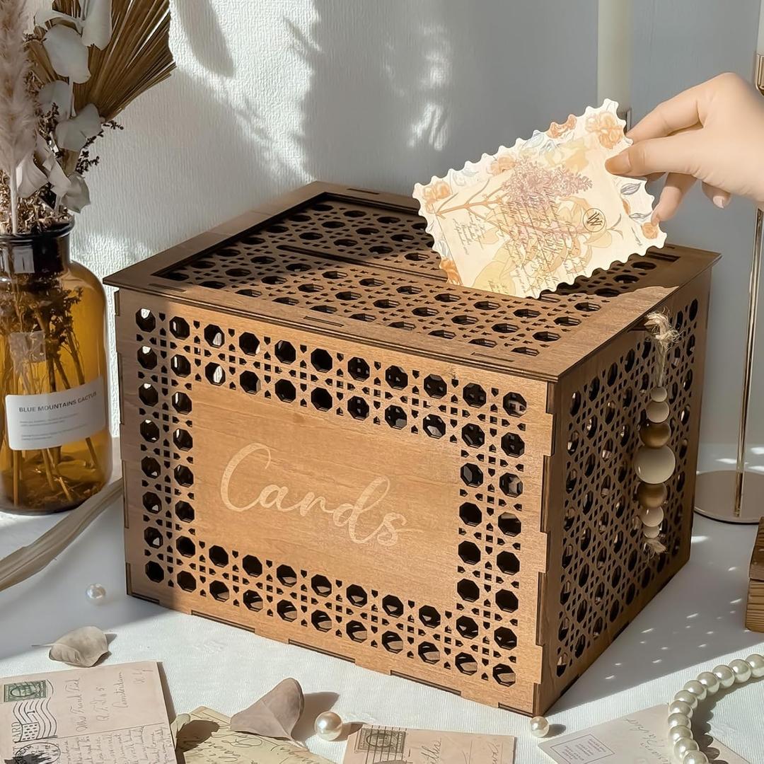 OurWarm Wooden Wedding Card Box with Slot, Vintage Gift Card Box for Party Reception, Hollow Rattan Pattern Rustic Envelope Money Card Box for Wedding Graduation Party Birthday Baby Shower Decor