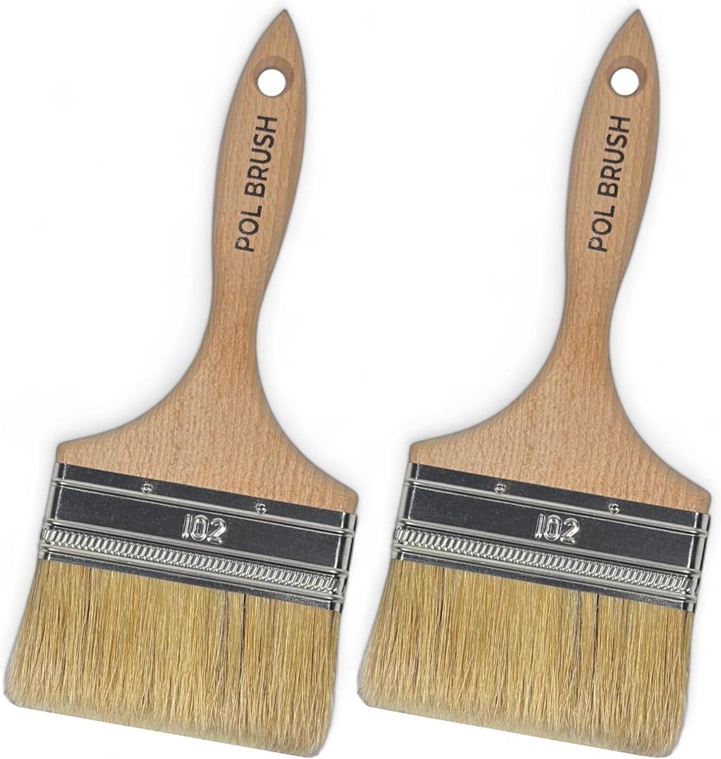 Set of 2 4 Inch Flat Paint Brushes - High European Quality - Natural Bristles - for Home, Wood, Walls, Art, Trim & Furniture - for Acrylic, Oil, Stain, Chalk & Latex Paints