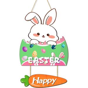 Easter Decorations Rabbit Wall Hanging Sign with Carrot & Eggs | "Happy Easter" Wooden Door Plaque for Indoor & Outdoor Spring Festive Dcor
