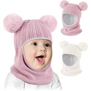 Baby Winter Hat Scarf Set 2 Pack, Toddler Beanie Hats Girl Boy with Neck Warmer, Beanie for Kids Knit Warm for Cold Weather (6-36 Months, Pink&white)