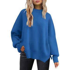 LILLUSORY Women's Oversized Batwing Sweaters 2026 Fall Outfits Trendy Crewneck Knit Side Slit Fashion Pullover Tops (Blue), Small