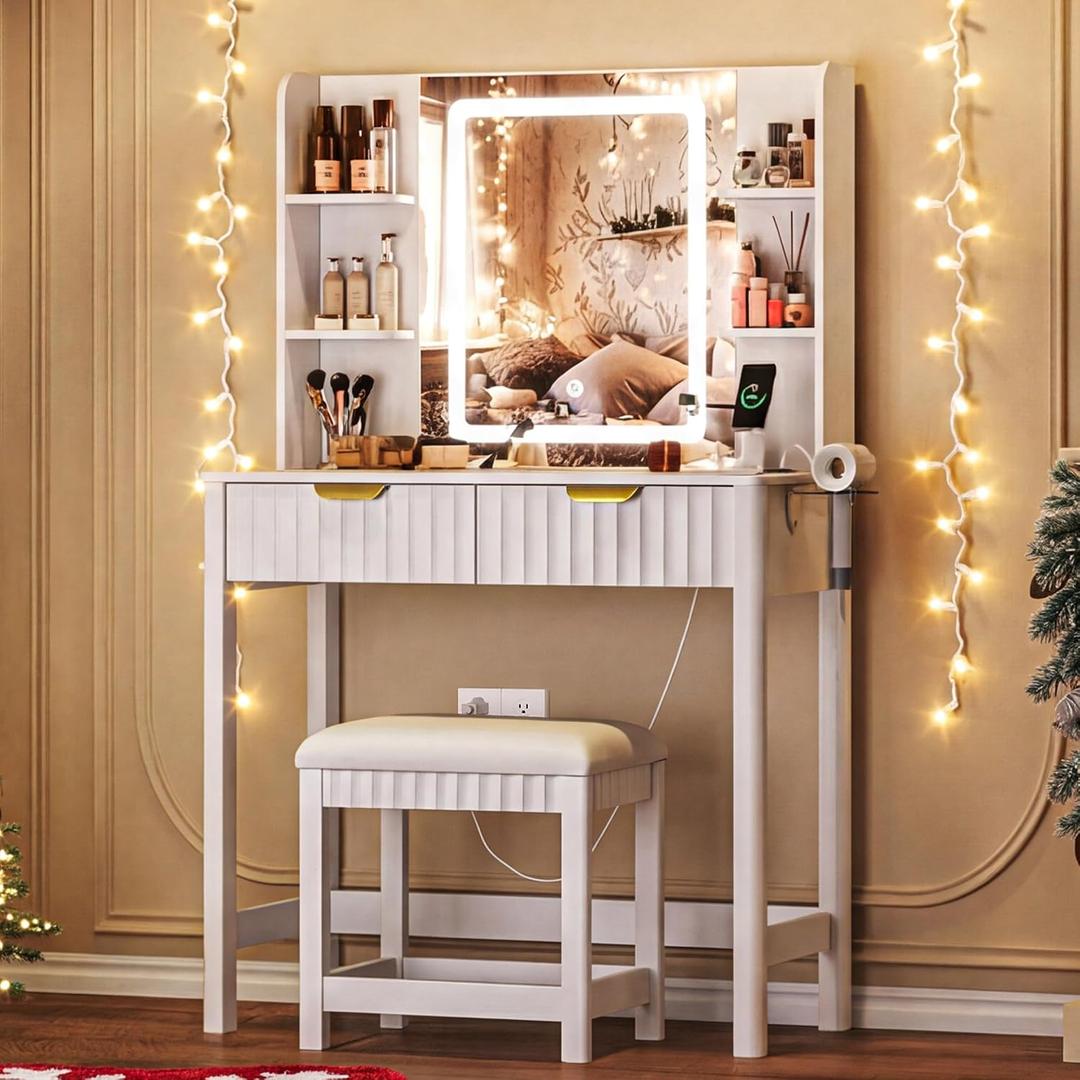 Vanity Desk with LED Mirror, 3 Lighting Modes and Chair, 15.75"D x 31.5"W x 51.18"H