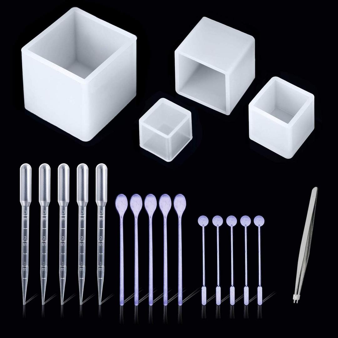 Woohome 4 PCS Square Resin Mold Cube Jewelry Silicone Casting Mold Tools Set Included 4 Size Silicone Resin Mold, 15 PCS Plastic Making Tools and 1 PCS Tweezers for DIY Making
