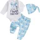 Gueuusu My First Easter Baby Boy Outfit Long Sleeve Bunny Romper Rabbit Long Pants Hat 3Pcs Clothes Set 3 6 12 18M (Blue)