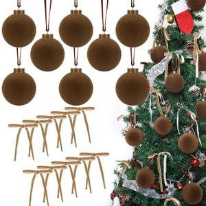 25 PCS Brown Velvet Christmas Ornaments, 3.15" Christmas Balls 15 PCS Brown Flocked Ornaments and 10 PCS Vintage Bows Velvet Ornaments for Xmas Tree Wreath Garland Decor
